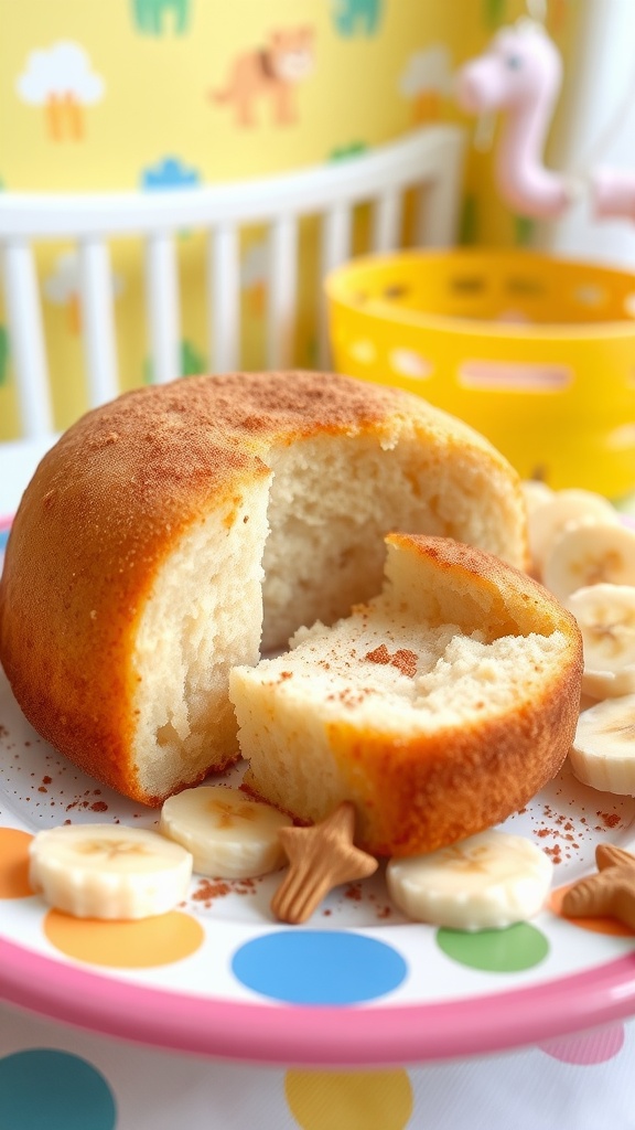 Soft baby cake made with bananas and oats, cut into small pieces with slices of banana on the side.